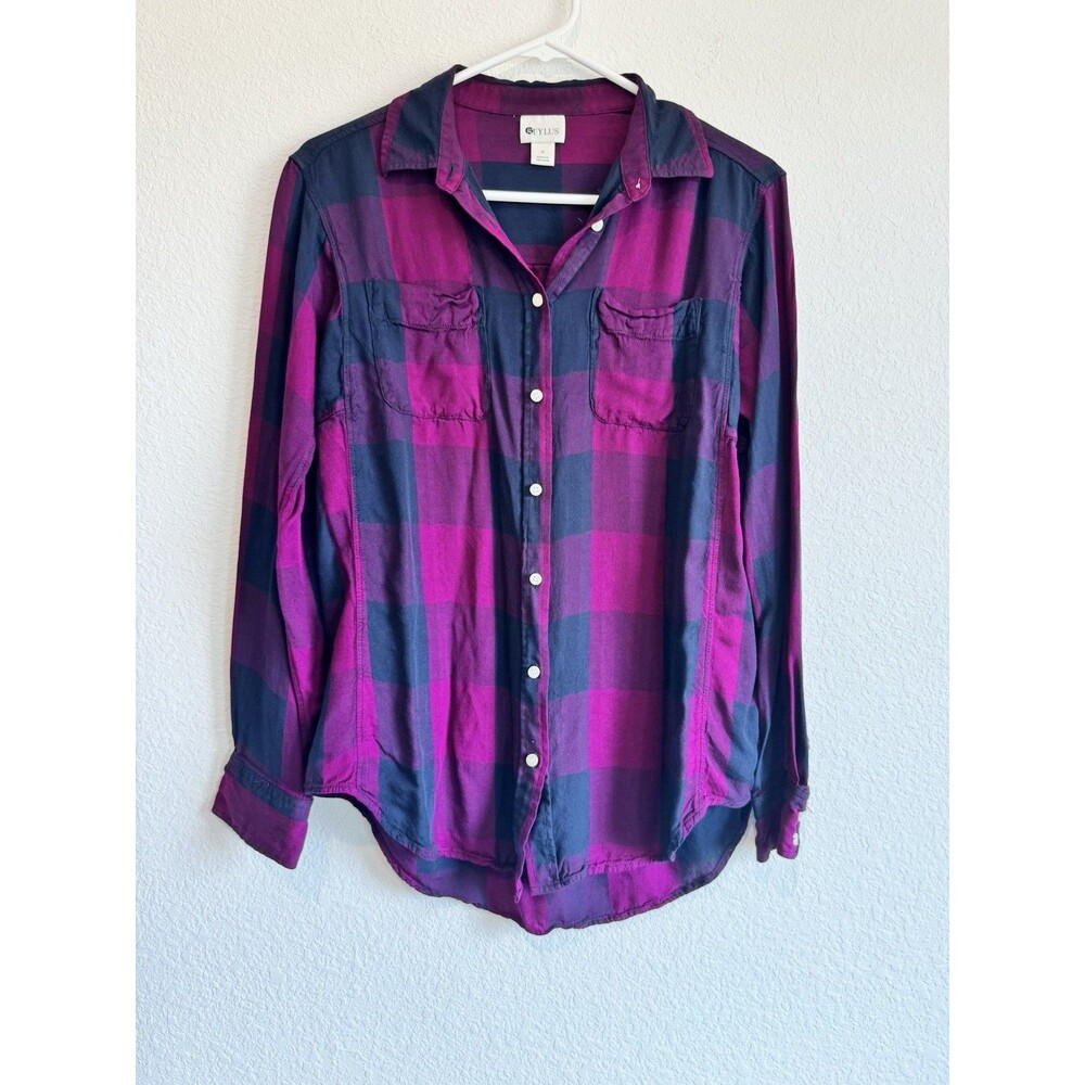 Stylus Women's Blue Purple Plaid Long Sleeve Button Down Shirt Medium